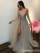 Sexy Plunging Beaded Sparkle Deep V-neck A-line Evening Gown Tulle Long Formal Dresses Prom Dresses ,WGP767