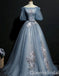 Grey Blue Off Shoulder Flower Embroidery A-line Ball Gown Lace up Back Evening Gown Maxi Long Evening Party Prom Dresses ,WGP1187