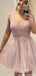 Elegant V-neck Lace A-line Short Mini Homecoming Dress,QB1005