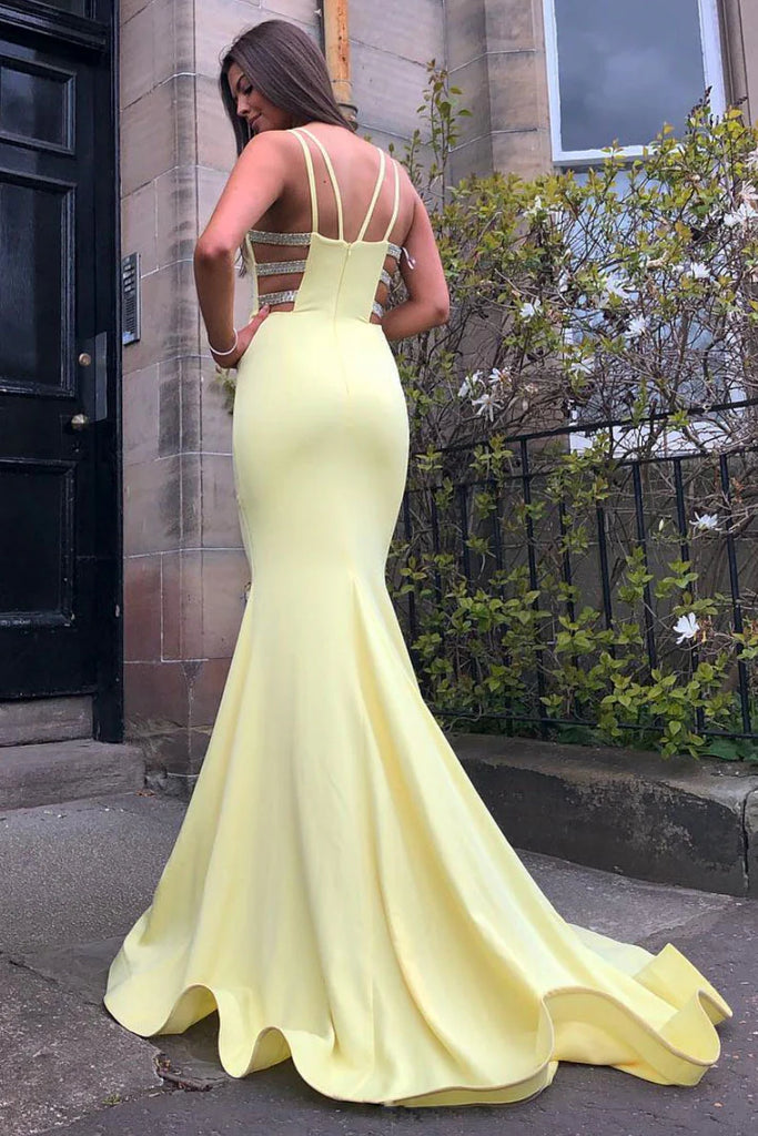 Elegant Yellow Spaghetti Straps Beading Mermaid Long Evening Prom Dresses,WGP507