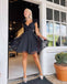 Elegant Black Chiffon Pleats Lace Up Back V Neck A-Line Cheap Simple Short Homecoming Dresses, QB0410
