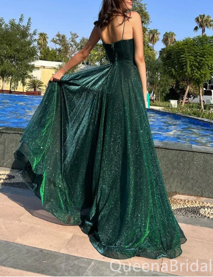 Green Spaghetti Straps Sweetheart Sparkle A-line Evening Gown Maxi Long Evening Party Prom Dresses ,WGP1021