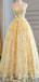 Enchanting Elegant Yellow A-line Lace Floral Appliques Tulle Evening Gown Long Prom Dresses with Pleats,WGP738