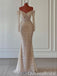 Champagne Long Sleeves V Neck Mermaid Prom Dresses to Impress ,WGP1316
