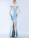 Gorgeous Light Blue V Neck Mermaid Side Slit Long Party Dress Prom Dresses ,WGP1788