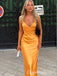 Elegant Orange Satin V-Neck Prom Dress - Sleek Gold Formal Evening Gown, WGP581