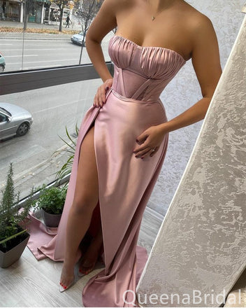 Sexy Pink Satin Pleated Mermaid Prom Dresses-Corset Bodice High Slit Formal Dress, WGP669