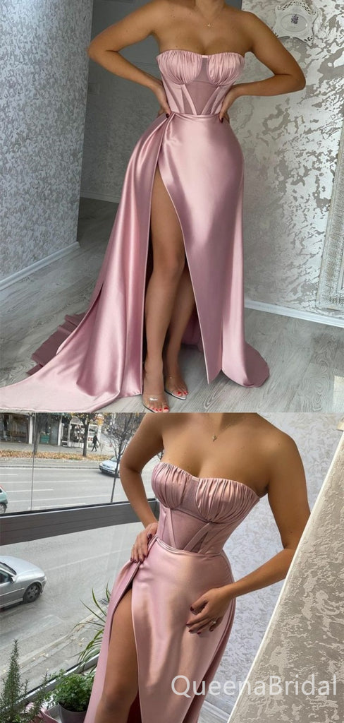 Sexy Pink Satin Pleated Mermaid Prom Dresses-Corset Bodice High Slit Formal Dress, WGP669