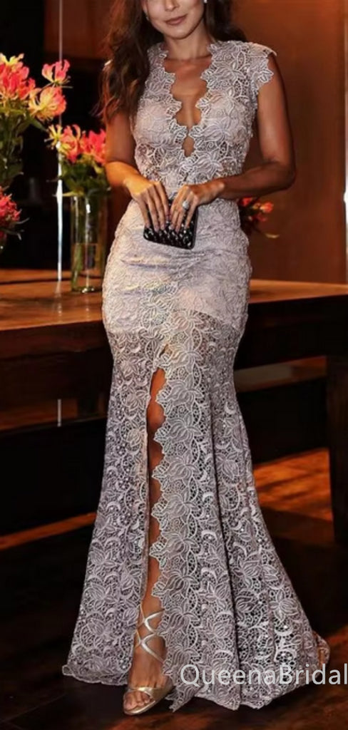 Gorgeous Sexy Plunging Deep V-neck Front Slit Lace Appliques Mermaid Evening Gown Long Formal Dresses Prom Dresses  , WGP756