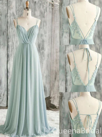 Elegant Sage Green Chiffon A-Line Prom Dress - Lace Applique Backless Formal Gown, WGP1189