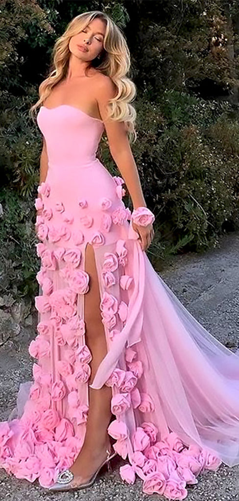 Elegant Pink Floral Strapless Tulle Side Slit Mermaid Long Evening Prom Dresses,WGP509