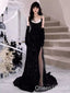 Elegant Black Sweetheart Spaghetti Straps Sequins Lace Side Slit Mermaid Prom Dresses ,WGP393