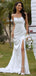 Elegant White Strapless Simple Spaghetti Strap Side Slit Evening Prom Dresses,WGP478