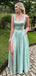 Elegant Mint Green Square Neck Floor Length A-line Evening Gown Prom Dresses with Side Slit,WGP598