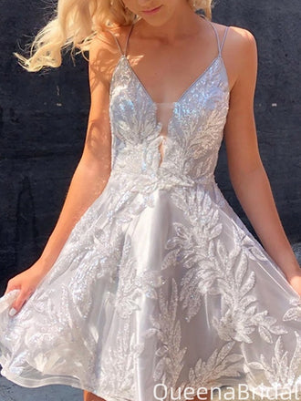 Elegant Spaghetti Strap V-neck A-line Short Mini Homecoming Dress,QB1023