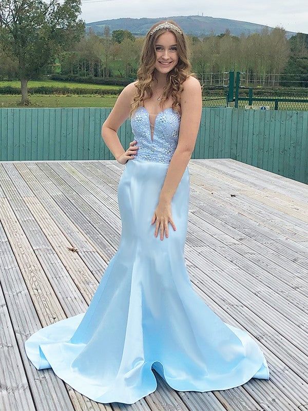 Elegant Sky Blue Deep V Neck Strapless Beading Floor Length Mermaid Evening Gown Prom Dresses ,WGP599