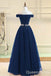 Stylish Navy Blue Off Shoulder Beaded A-line Long Party Dress Prom Dresses ,WGP1819