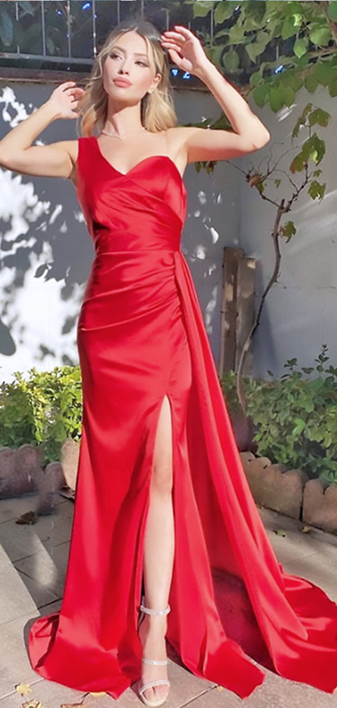 Elegant Red One Shoulder Side Slit Mermaid Long Evening Prom Dresses,WGP513