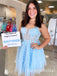 Elegant Blue Spaghetti Straps Lace Appliques Ruffles Tulle Simple Cheap Sheath Short Homecoming Dresses, QB0524