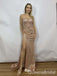 Sexy Champagne  Spaghetti Strap Sequin Mermaid Lace Up Back Side Slit Long Prom Dresses,WGP428