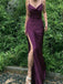 Elegant Dark Purple Spaghetti Straps V Neck Side Slit Mermaid Sleeveless Cheap Simple Evening Prom Dresses,WGP529