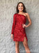 Red Mermaid One Shoulder Single Long Sleeve Sparkle Tight Graduation Party Short Homecoming Dresses ,QB0734