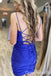 Royal Blue Spaghetti Straps Lace Up Back Beaded Tight Graduation Party Short Homecoming Dresses ,QB0735