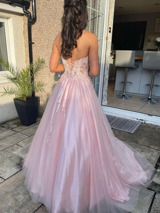 Elegant Pink Strapless Lace Appliques Corset A-Line Tulle Prom Ball Gown, WGP613
