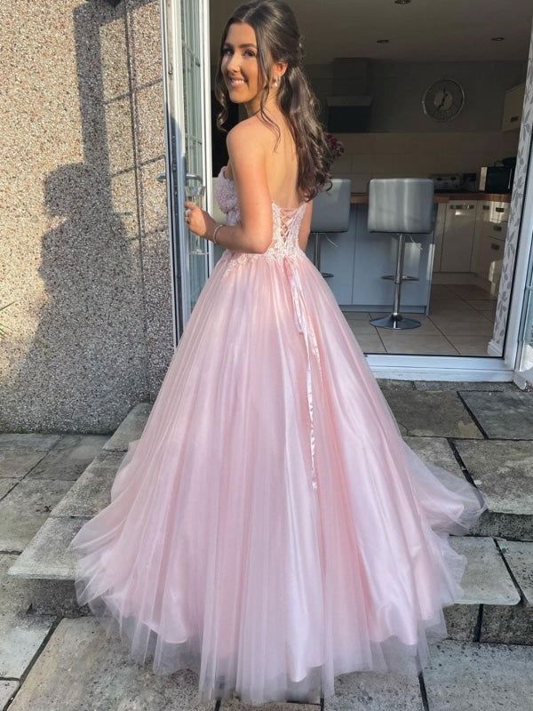 Elegant Pink Strapless Lace Appliques Corset A-Line Tulle Prom Ball Gown, WGP613
