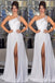 Gorgeous White Beaded One Shoulder Side Slit A-line Long Party Dress Prom Dresses ,WGP1837