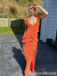 Sexy Orange V Neck Open Back Side Slit Sheath Long Party Dress Prom Dresses ,WGP1842