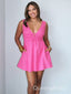 Elegant Pink V Neck A-Line Satin Strapless Cheap Simple Short Homecoming Dresses,QB0422