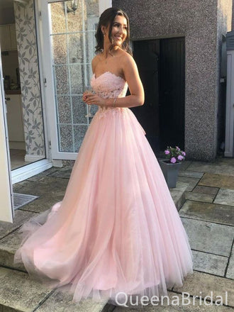 Elegant Pink Strapless Lace Appliques Corset A-Line Tulle Prom Ball Gown, WGP613