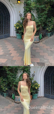Simple Light Yellow Spaghetti Straps Long Prom Dress, WGP846
