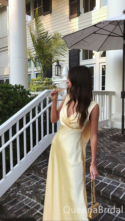 Elegant Light Yellow Satin V-neck Prom Dress - Sleeveless Formal Party Dress, WGP877