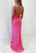 Pink Spaghetti Straps Lace Up Back Evening Gown Maxi Long Formal Dresses Prom Dresses with Side Slit,WGP961