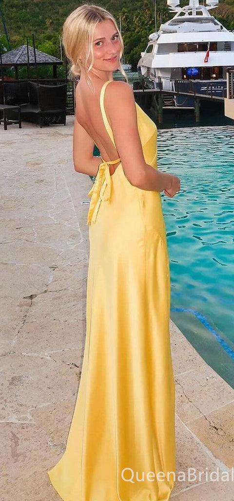 Sexy Elegant Column Yellow V Neck Open Back Evening Gown Long Prom Dresses ,WGP701