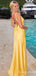 Sexy Elegant Column Yellow V Neck Open Back Evening Gown Long Prom Dresses ,WGP701