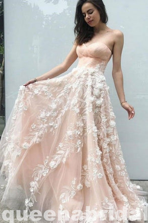 Pearl White A-line Floral Appliques Sweetheart Strapless Evening Gown Maxi Long Evening Party Prom Dresses ,WGP1049