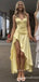Light Yellow Satin Ruffles Prom Dress - High-Low Slit Formal Dress, WGP878