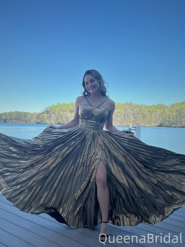 Elegant Gold A-line Slit Long Formal Gown to Impress,WGP1935