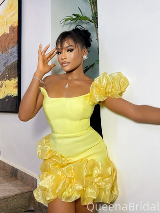 Elegant Yellow One-shoulder Homecoming Dress Graduation Party Dress , QB0952