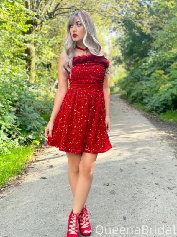Sparkly Red Straight Across Homecoming Dress Graduation Party Dress , QB0954