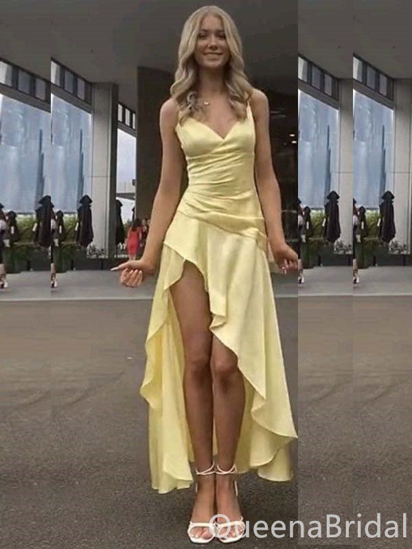 Light Yellow Satin Ruffles Prom Dress - High-Low Slit Formal Dress, WGP878