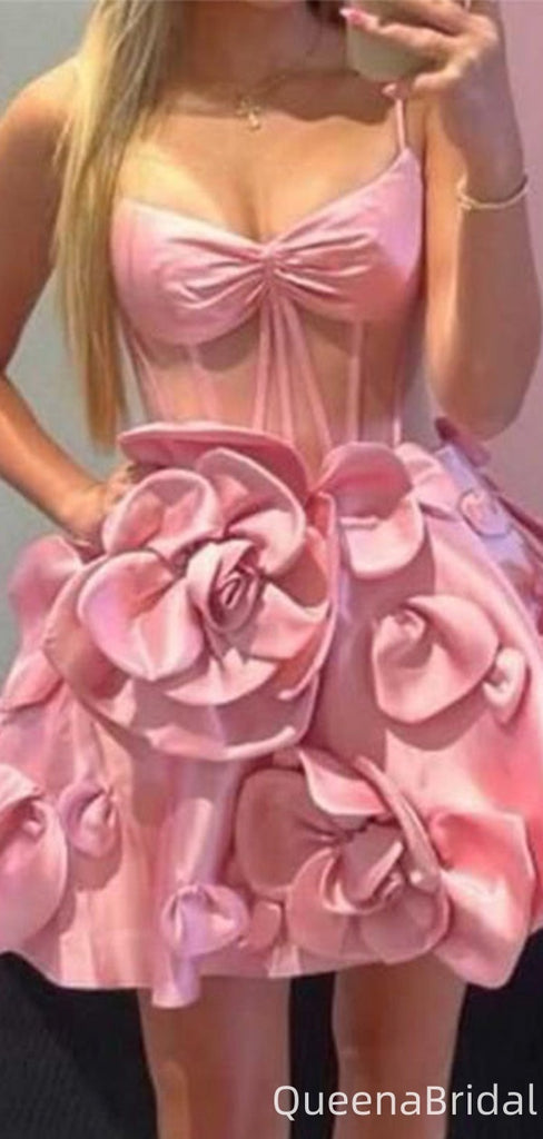 Elegant Spaghetti Strap V-neck Pink A-line Homecoming Dress Graduation Party Dress,QB0970