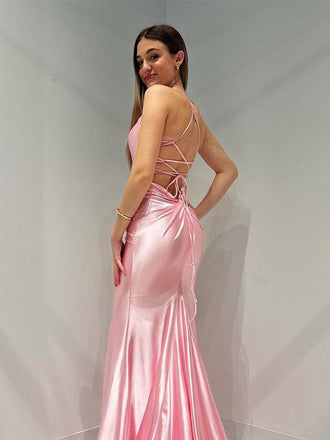 Elegant Pink Satin Halter Graduation Prom Dress with Lace-Up Back, WGP505