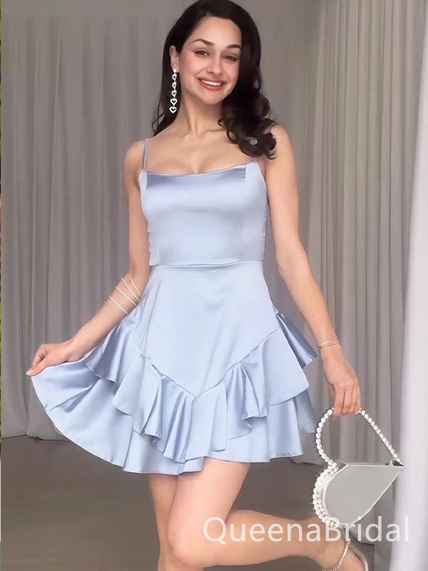 Elegant Silver Spaghetti Straps Ruffles Simple Cheap A-Line Short Homecoming Dresses, QB0518