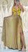 Shiny Gold V Neck A-line Side Slit Long Party Dress Prom Dresses ,WGP1873