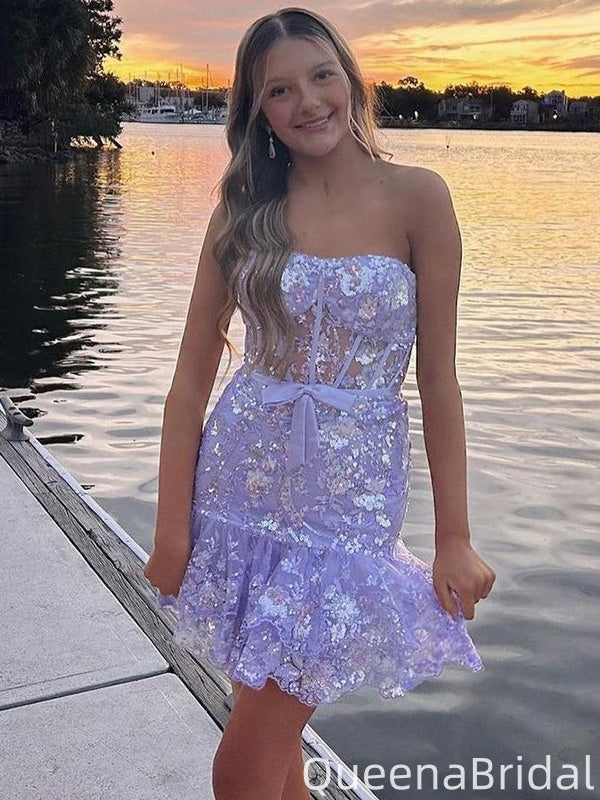 Gorgeous Strapless Lace Sheath Short Mini Homecoming Dress,QB0985