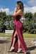 Gorgeous Sexy Square Neck Burgundy High Slit Evening Gown Long Prom Dresses with Pleats,WGP724
